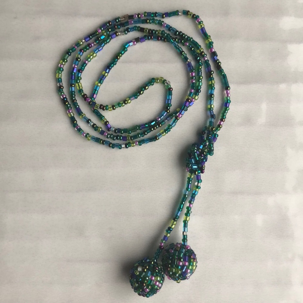 Tied Hand Beaded Green/Blue Necklace
